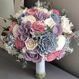 Pinkish Mauve, Dusty Blue, Lilac, and Ivory Bouquet with Baby's Breath and Greenery