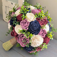 Navy, Burgundy, Mauve, and Ivory Bouquet with Mixed Greenery