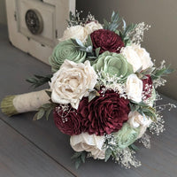 Burgundy, Sage, and Ivory Bouquet with Baby's Breath and Greenery