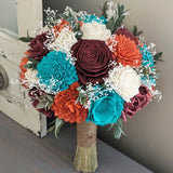 Burnt Orange, Burgundy, Turquoise, and Ivory Bouquet with Baby's Breath and Greenery