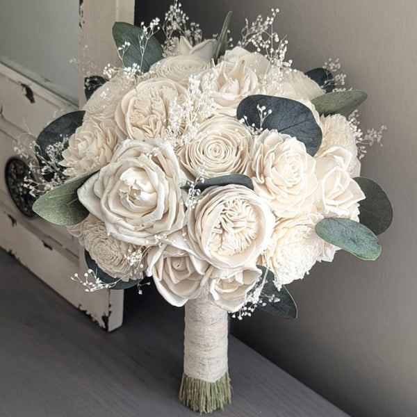 Ready to Ship - Ivory Bouquet with Baby's Breath and Eucalyptus Greenery