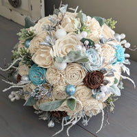 Ready to Ship - Glitter Blue and Ivory Bouquet with Mixed Greenery