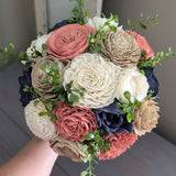 Navy, Dark Coral, Nude, and Ivory Bouquet with Greenery