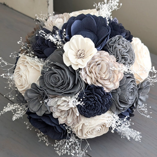 Ready to Ship - Navy, Charcoal, and White Bouquet with Baby's Breath