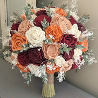 Burgundy, Wine, Terra Cotta, Rose Gold, and Ivory Bouquet with Baby's Breath and Greenery