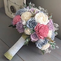 Pinkish Mauve, Dusty Blue, Lilac, and Ivory Bouquet with Baby's Breath and Greenery