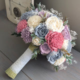 Pinkish Mauve, Dusty Blue, Lilac, and Ivory Bouquet with Baby's Breath and Greenery