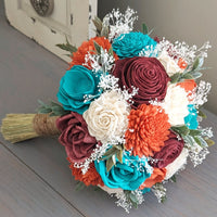 Burnt Orange, Burgundy, Turquoise, and Ivory Bouquet with Baby's Breath and Greenery