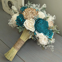 Turkish Blue, Natural, and Ivory Bouquet with Baby's Breath and Greenery