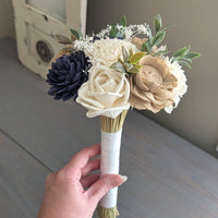 Ready to Ship Navy, Nude, and Ivory Bouquet with Baby's Breath and Greenery