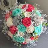 Bright Coral, Mint, Light Gray, and Ivory Bouquet with Baby's Breath and Spiral Eucalyptus