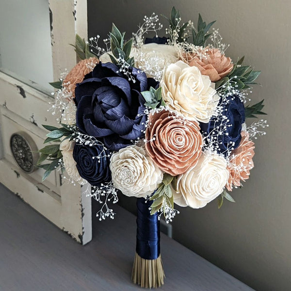 Navy, Rose Gold, and Ivory Bouquet with Baby's Breath and Greenery