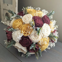 Burgundy, Gold, and Ivory Bouquet with Baby's Breath and Greenery