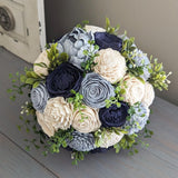 Dusty Blue, Navy, and Ivory Bouquet with Mixed Greenery