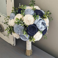 Dusty Blue, Navy, and Ivory Bouquet with Mixed Greenery