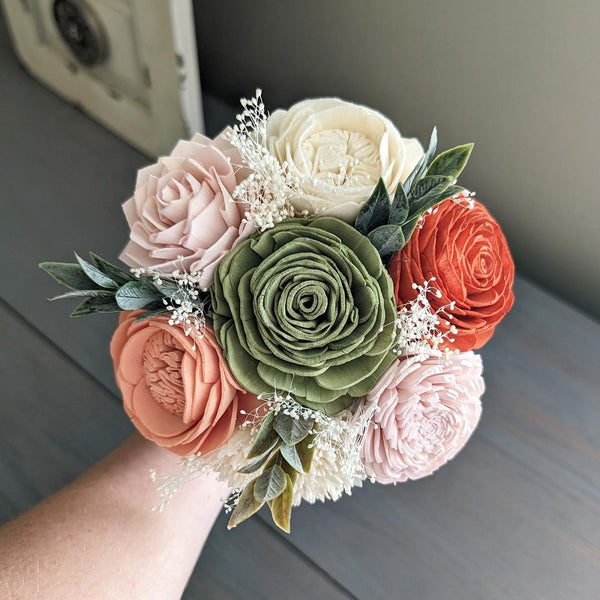 Meadow, Burnt Orange, Blush, Peach, and Ivory Bouquet with Baby's Breath and Greenery