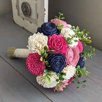 Fuschia, Pinkish Mauve, Navy, and Ivory Bouquet with Mixed Greenery