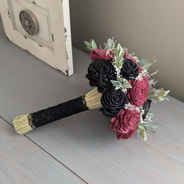 Black and Burgundy Bouquet with Baby's Breath and Greenery