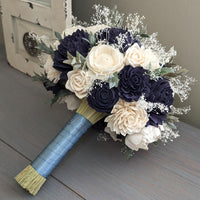 Navy and Ivory Bouquet with Baby's Breath and Greenery