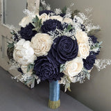 Navy and Ivory Bouquet with Baby's Breath and Greenery