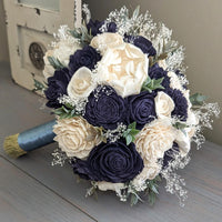 Navy and Ivory Bouquet with Baby's Breath and Greenery