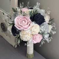 Navy, Blush, Light Gray, and Ivory Bouquet with Baby's Breath and Greenery