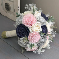 Navy, Blush, Light Gray, and Ivory Bouquet with Baby's Breath and Greenery