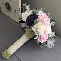 Navy, Blush, Light Gray, and Ivory Bouquet with Baby's Breath and Greenery