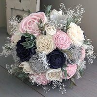 Navy, Blush, Light Gray, and Ivory Bouquet with Baby's Breath and Greenery