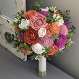 Terra Cotta, Dark Coral, Rust, Pinkish Mauve, Magenta, and Ivory Bouquet with Mixed Greenery