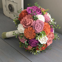 Terra Cotta, Dark Coral, Rust, Pinkish Mauve, Magenta, and Ivory Bouquet with Mixed Greenery