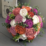 Terra Cotta, Dark Coral, Rust, Pinkish Mauve, Magenta, and Ivory Bouquet with Mixed Greenery