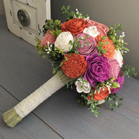 Terra Cotta, Dark Coral, Rust, Pinkish Mauve, Magenta, and Ivory Bouquet with Mixed Greenery