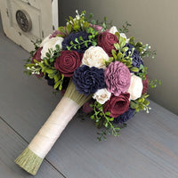 Navy, Burgundy, Mauve, and Ivory Bouquet with Mixed Greenery