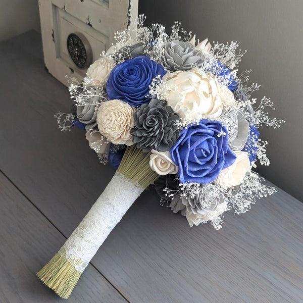 Royal Blue, Light Gray, Charcoal, and Ivory Bouquet with Baby's Breath