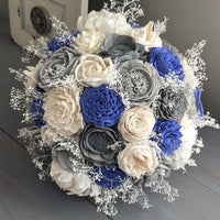 Royal Blue, Light Gray, Charcoal, and Ivory Bouquet with Baby's Breath