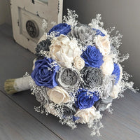 Royal Blue, Light Gray, Charcoal, and Ivory Bouquet with Baby's Breath