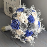 Royal Blue, Light Gray, Charcoal, and Ivory Bouquet with Baby's Breath