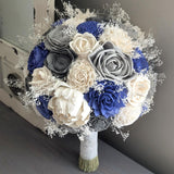 Royal Blue, Light Gray, Charcoal, and Ivory Bouquet with Baby's Breath