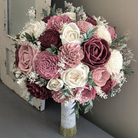 Burgundy, Pinkish Mauve, Dusty Rose, and Ivory Bouquet with Baby's Breath and Greenery