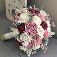 Burgundy, Pinkish Mauve, Dusty Rose, and Ivory Bouquet with Baby's Breath and Greenery