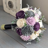 Plum, Charcoal, Lilac, and Ivory Bouquet with Baby's Breath and Greenery