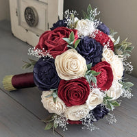 Navy, Wine, and Ivory Bouquet with Baby's Breath and Greenery