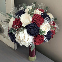 Navy, Wine, and Ivory Bouquet with Baby's Breath and Greenery