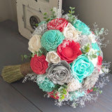 Bright Coral, Mint, Light Gray, and Ivory Bouquet with Baby's Breath and Spiral Eucalyptus