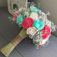 Bright Coral, Mint, Light Gray, and Ivory Bouquet with Baby's Breath and Spiral Eucalyptus