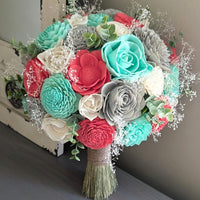 Bright Coral, Mint, Light Gray, and Ivory Bouquet with Baby's Breath and Spiral Eucalyptus