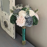 Dark Green, Blush, Charcoal, and Ivory Bouquet with Baby's Breath and Greenery