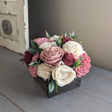 Burgundy, Dusty Rose, Pinkish Mauve, and Ivory Flowers with Ruscus Greenery - Jacobean Centerpiece Flower Box
