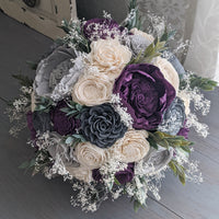 Plum, Charcoal, Light Gray, and Ivory Bouquet with Baby's Breath and Greenery